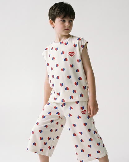 Ivory Red Blue Heart Pattern Short Sleeve