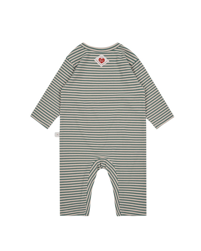 [BABY SET] Green Stripe Rib Jumpsuit & Bib & Bonnet
