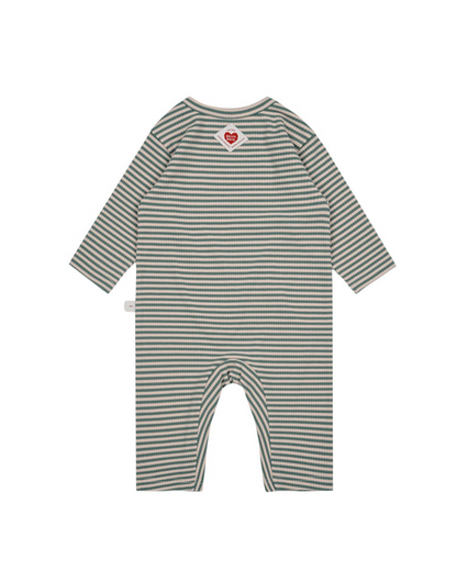 [BABY SET] Green Stripe Rib Jumpsuit & Bib & Bonnet