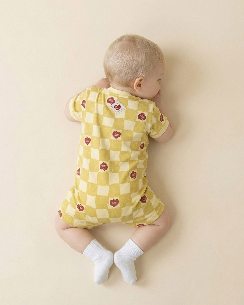 BABY Yellow Bubble Apple Checkerboard Short Jumpsuit