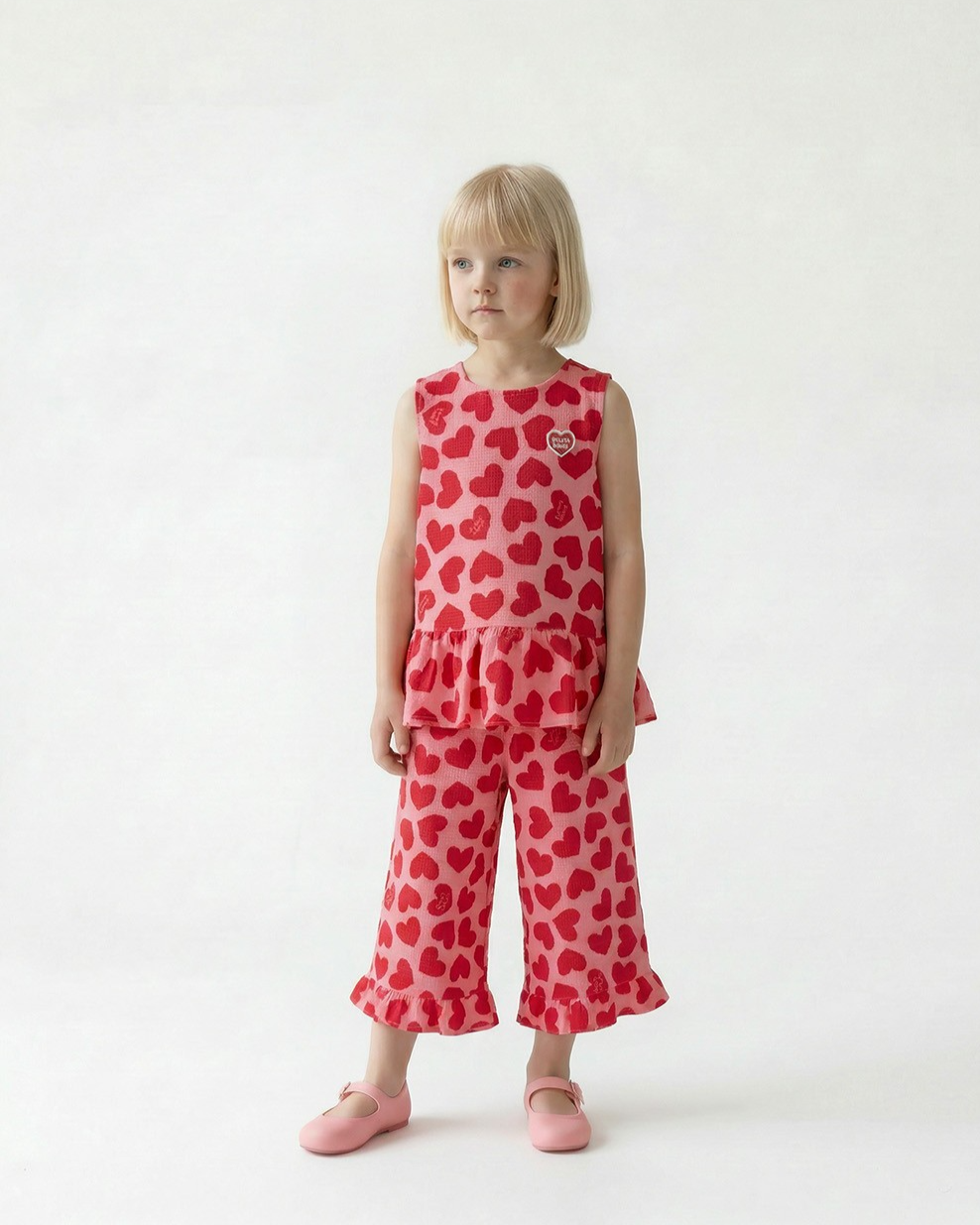 [GIRL SET] Pink BB Heart Pattern Polysucker Blouse & Shorts