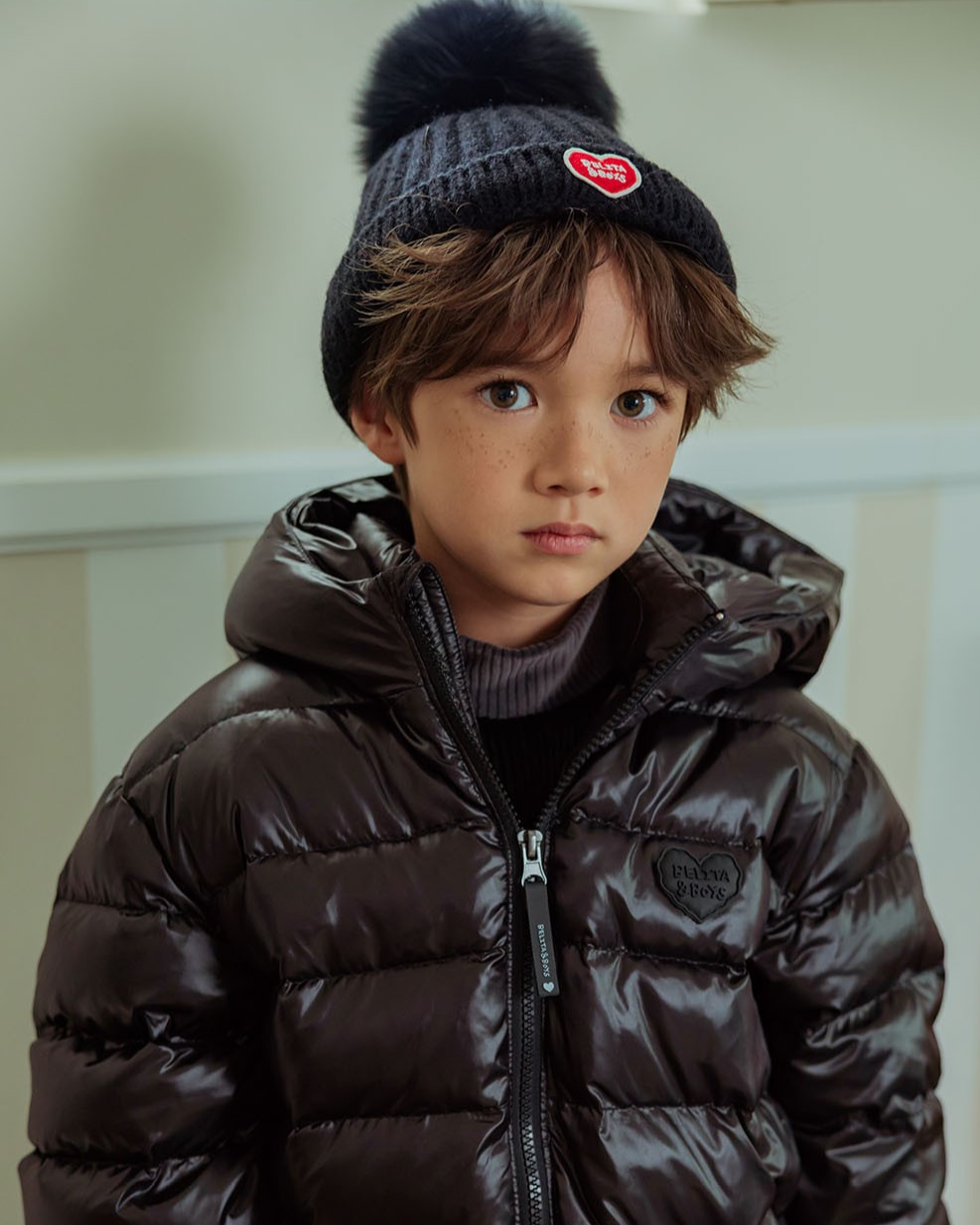 Black BB Heart Pompom Beanie