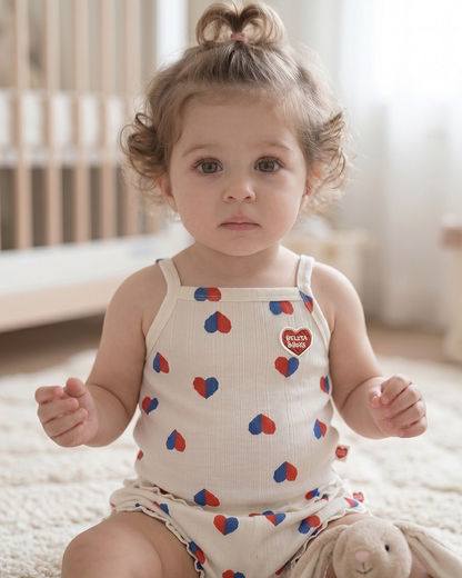 [BABY GIRL SET] Ivory Red Blue Heart Pattern Sleeveless Shorts