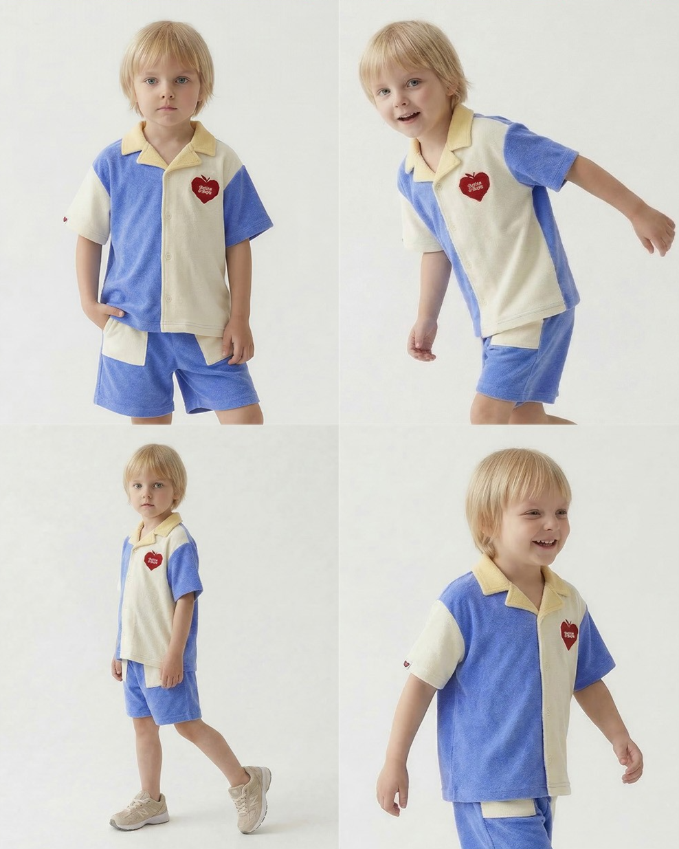 Blue Bubble Apple Color Block Terry Collar Shirt