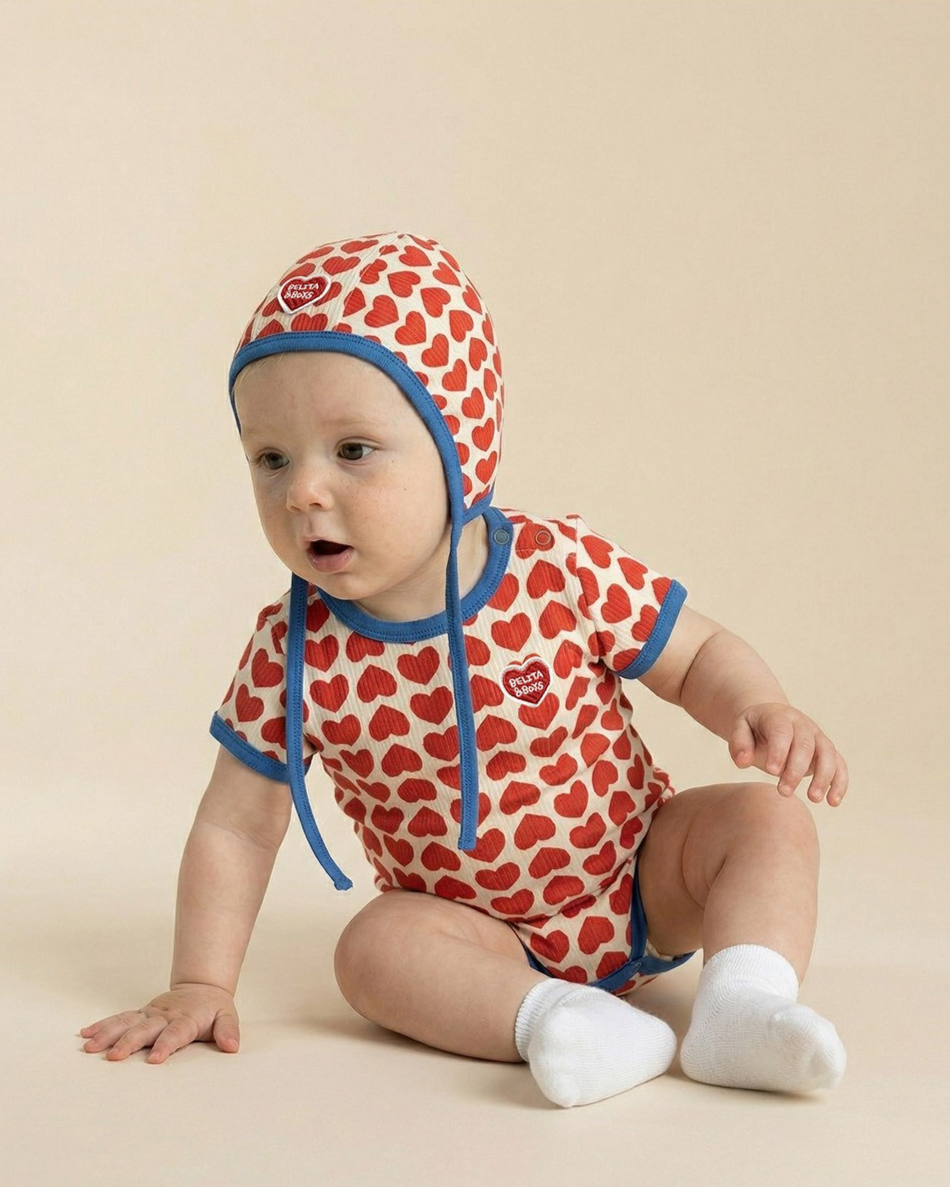 BABY Red BB Heart Pattern Bonnet