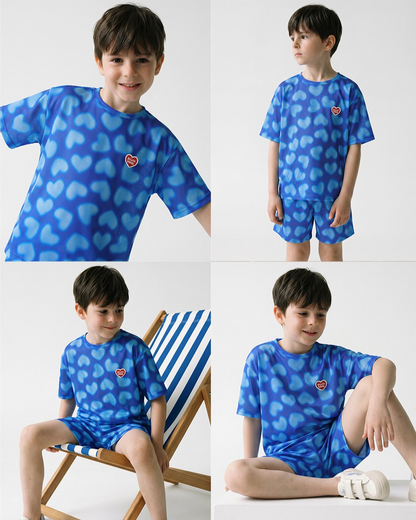 [SET] Blue Water Dye Heart Pattern Mesh Shorts