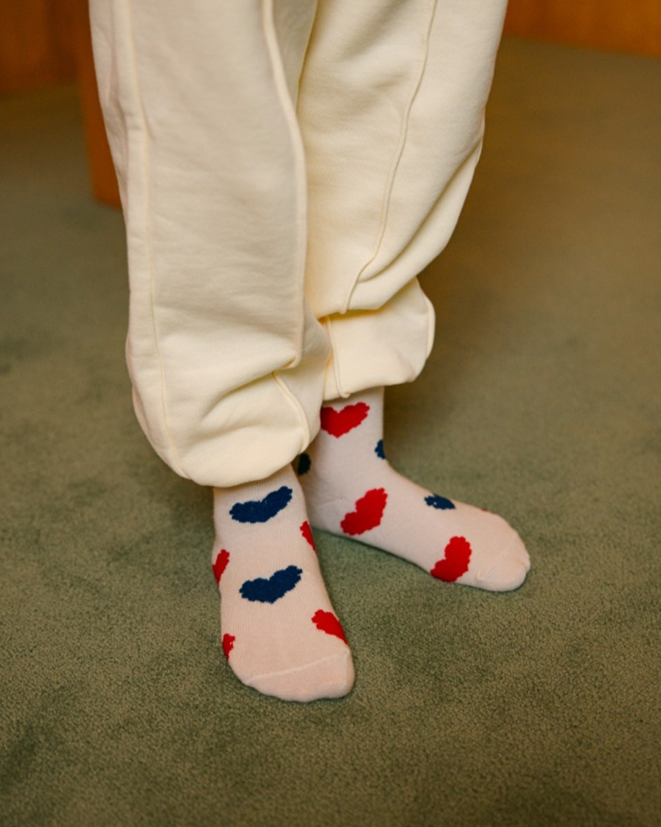 Ivory Red Blue Heart Pattern Socks