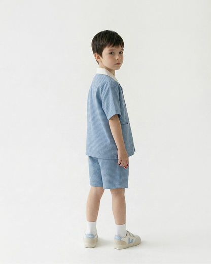 [SET] Light Blue Color Block Polysucker Shirt & Shorts
