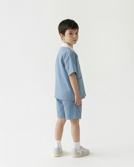 [SET] Light Blue Color Block Polysucker Shirt & Shorts