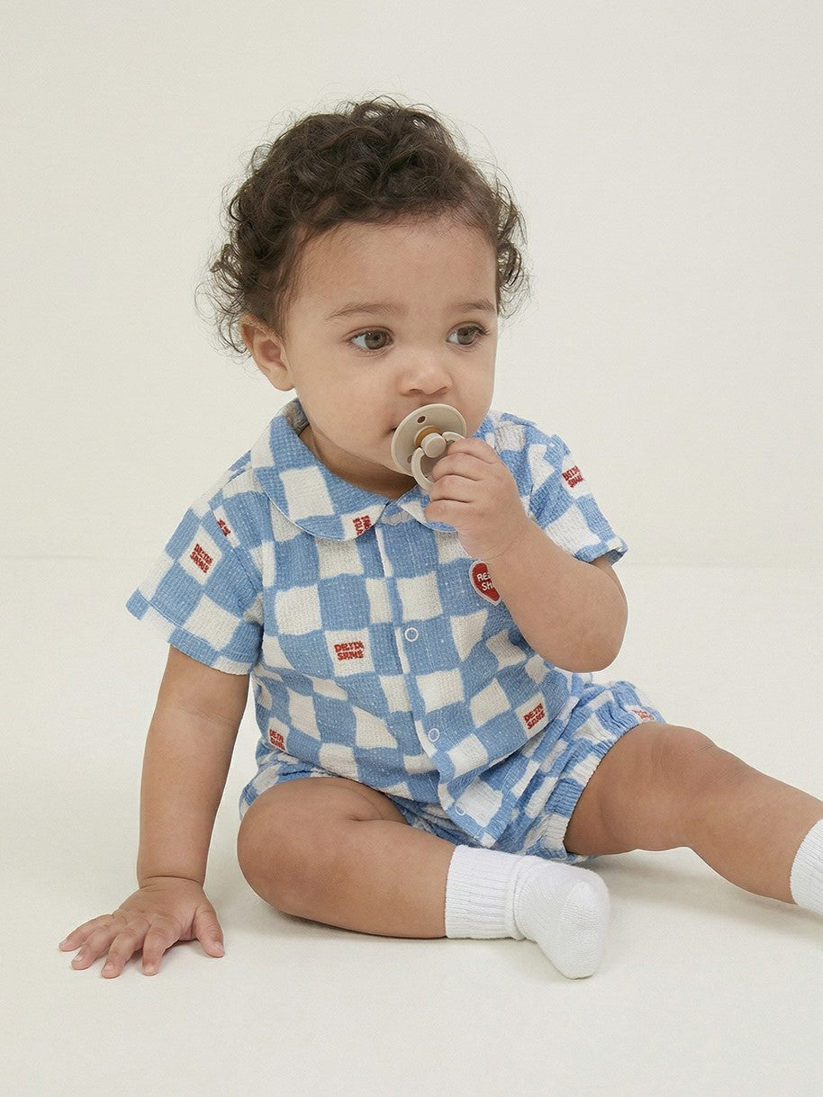 [BABY SET] Light Blue Checkerboard Polysucker Shirt & Shorts