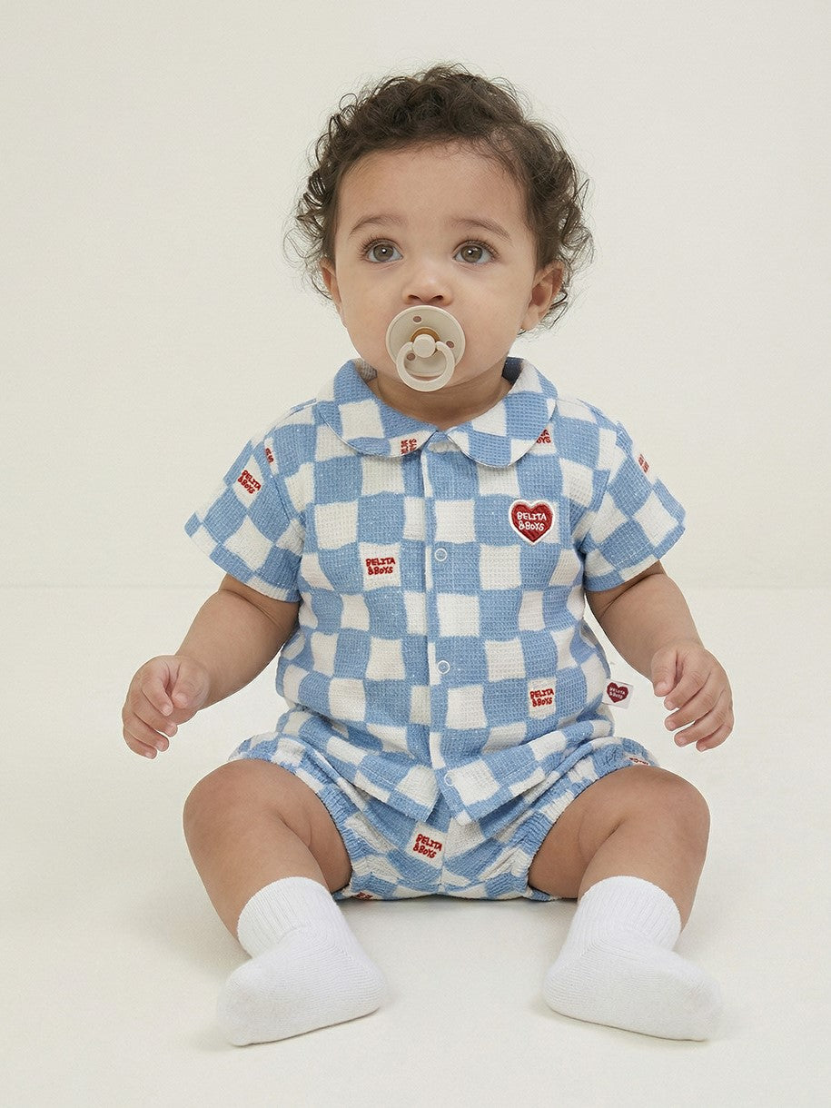 [BABY SET] Light Blue Checkerboard Polysucker Shirt & Shorts