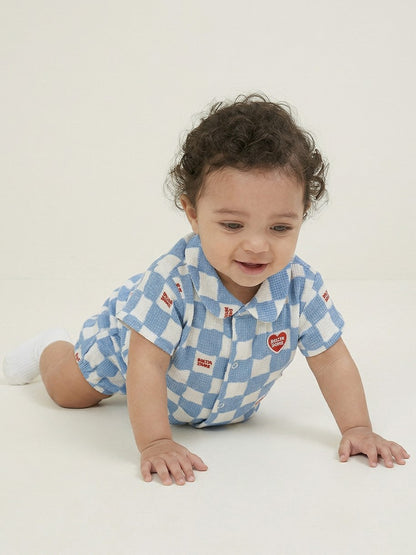 [BABY SET] Light Blue Checkerboard Polysucker Shirt & Shorts