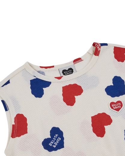 [SET] Ivory Red Blue Heart Pattern Mesh Sleeveless Crop