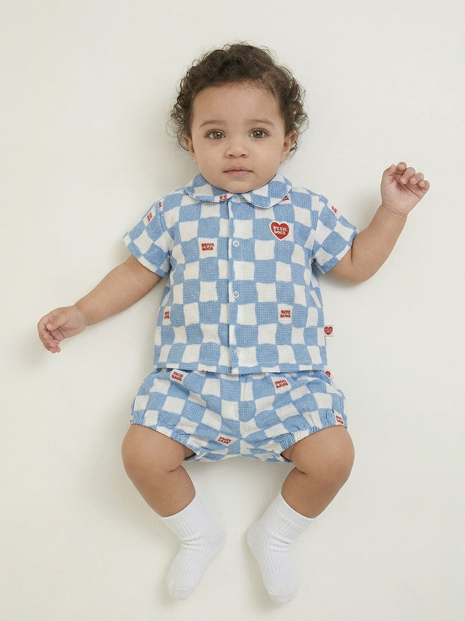 [BABY SET] Light Blue Checkerboard Polysucker Shirt & Shorts