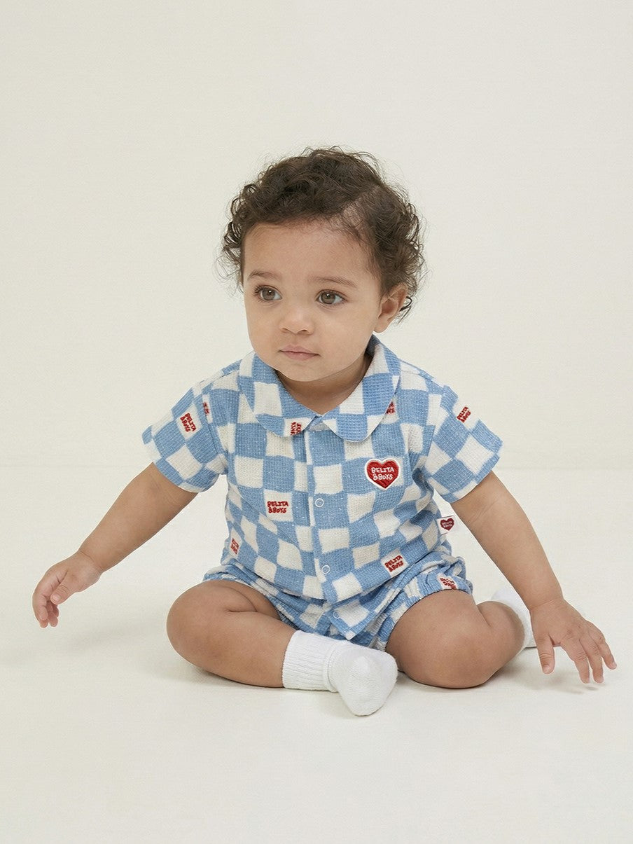 [BABY SET] Light Blue Checkerboard Polysucker Shirt & Shorts