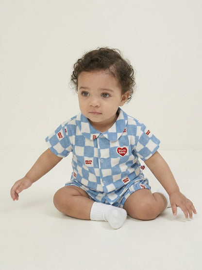 [BABY SET] Light Blue Checkerboard Polysucker Shirt & Shorts