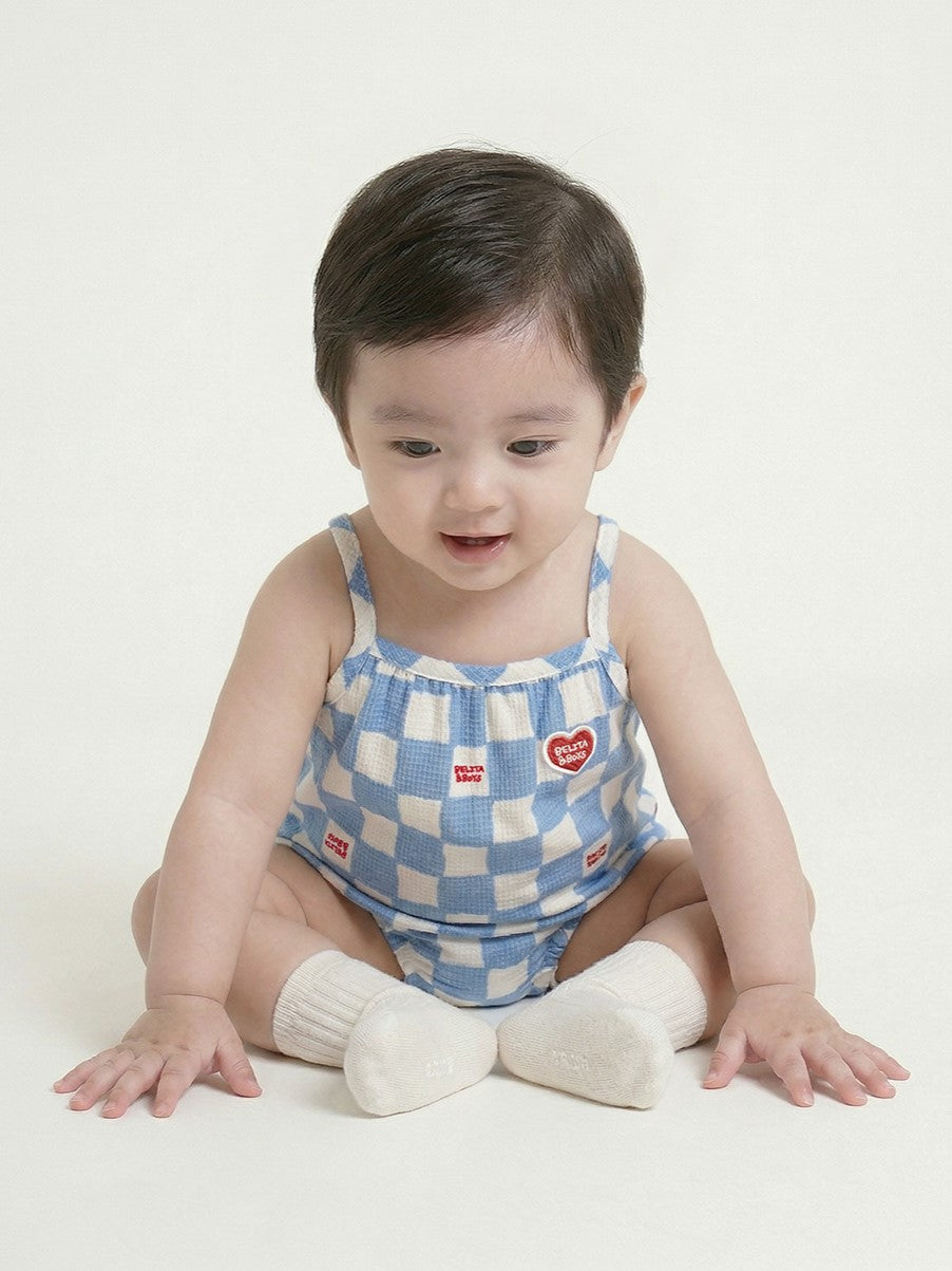 BABY Light Blue Checkerboard Polysucker Sleeveless Bodysuit