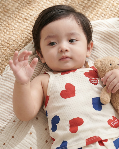 [BABY SET] Ivory Red Blue Heart Pattern Mesh Sleeveless Shorts