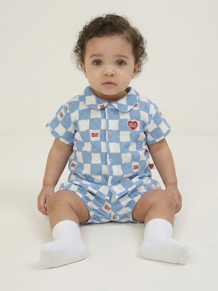 [BABY SET] Light Blue Checkerboard Polysucker Shirt & Shorts