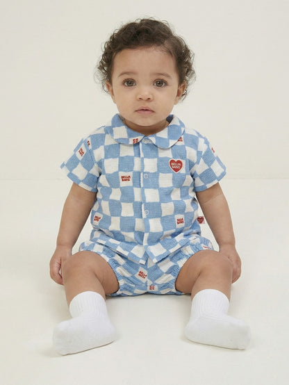 [BABY SET] Light Blue Checkerboard Polysucker Shirt & Shorts