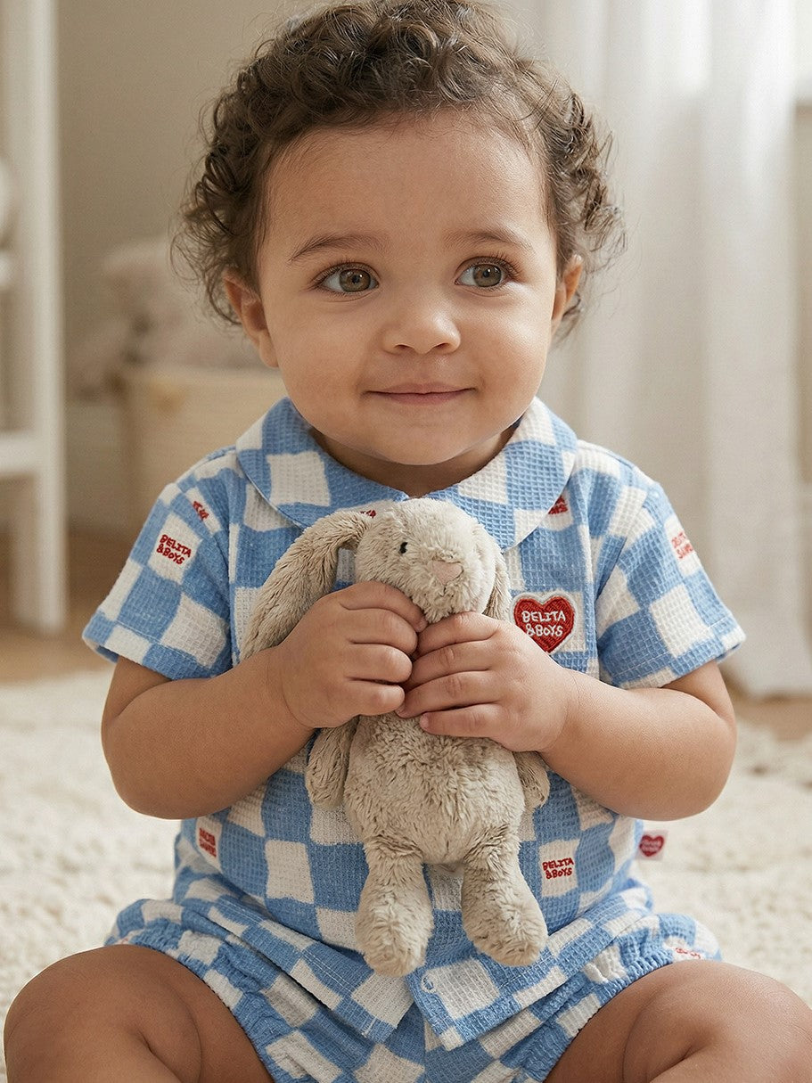 [BABY SET] Light Blue Checkerboard Polysucker Shirt & Shorts