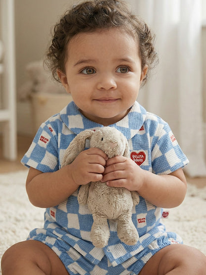 [BABY SET] Light Blue Checkerboard Polysucker Shirt & Shorts