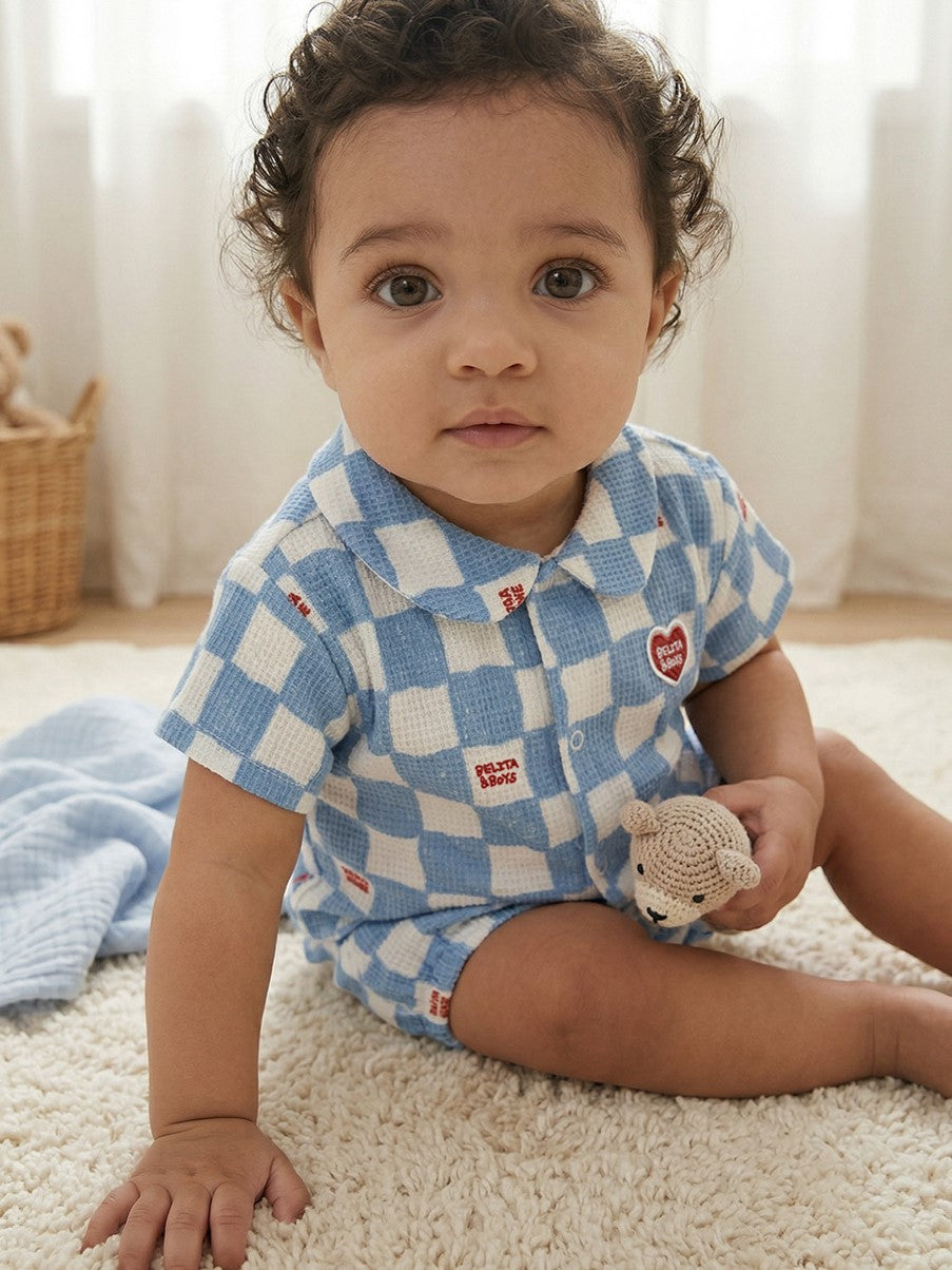 [BABY SET] Light Blue Checkerboard Polysucker Shirt & Shorts