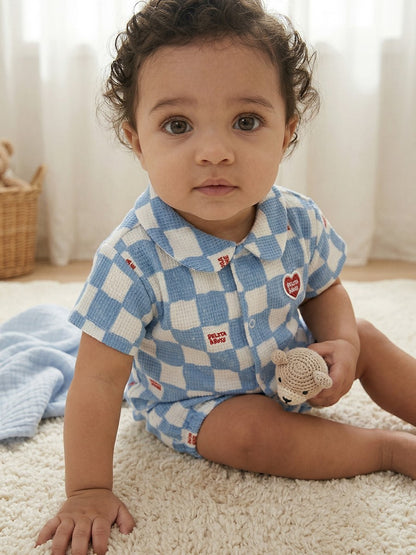 [BABY SET] Light Blue Checkerboard Polysucker Shirt & Shorts