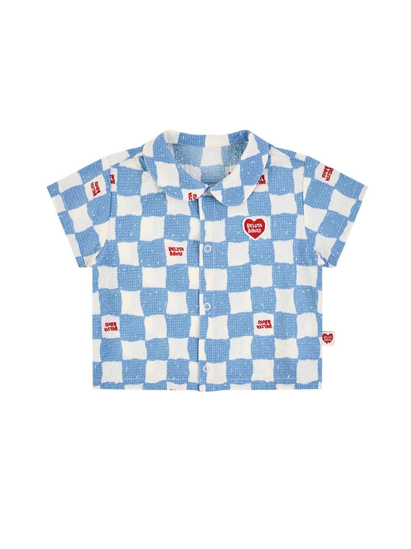 [BABY SET] Light Blue Checkerboard Polysucker Shirt & Shorts
