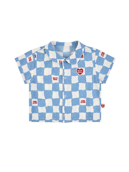 [BABY SET] Light Blue Checkerboard Polysucker Shirt & Shorts