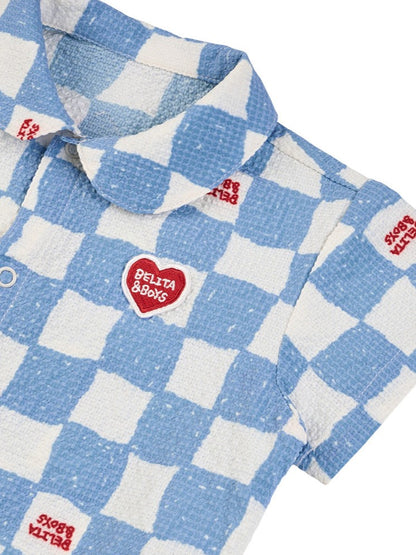 [BABY SET] Light Blue Checkerboard Polysucker Shirt & Shorts