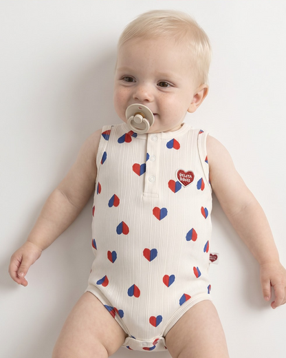 BABY Ivory Red Blue Heart Pattern Sleeveless Bodysuit