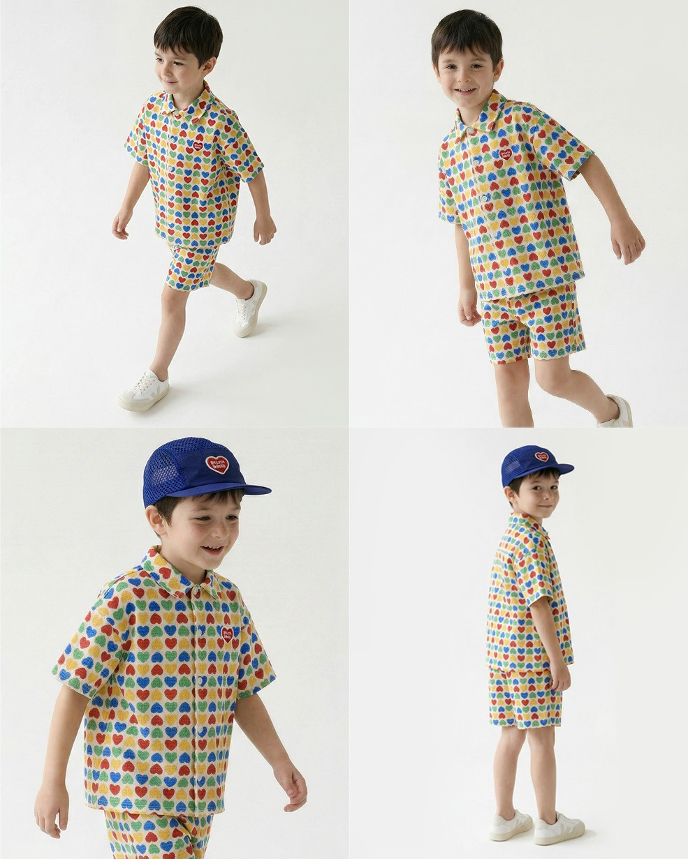 [SET] Cream Rainbow Heart Polysucker Shirt & Shorts