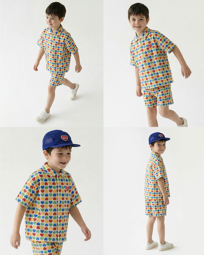[SET] Cream Rainbow Heart Polysucker Shirt & Shorts