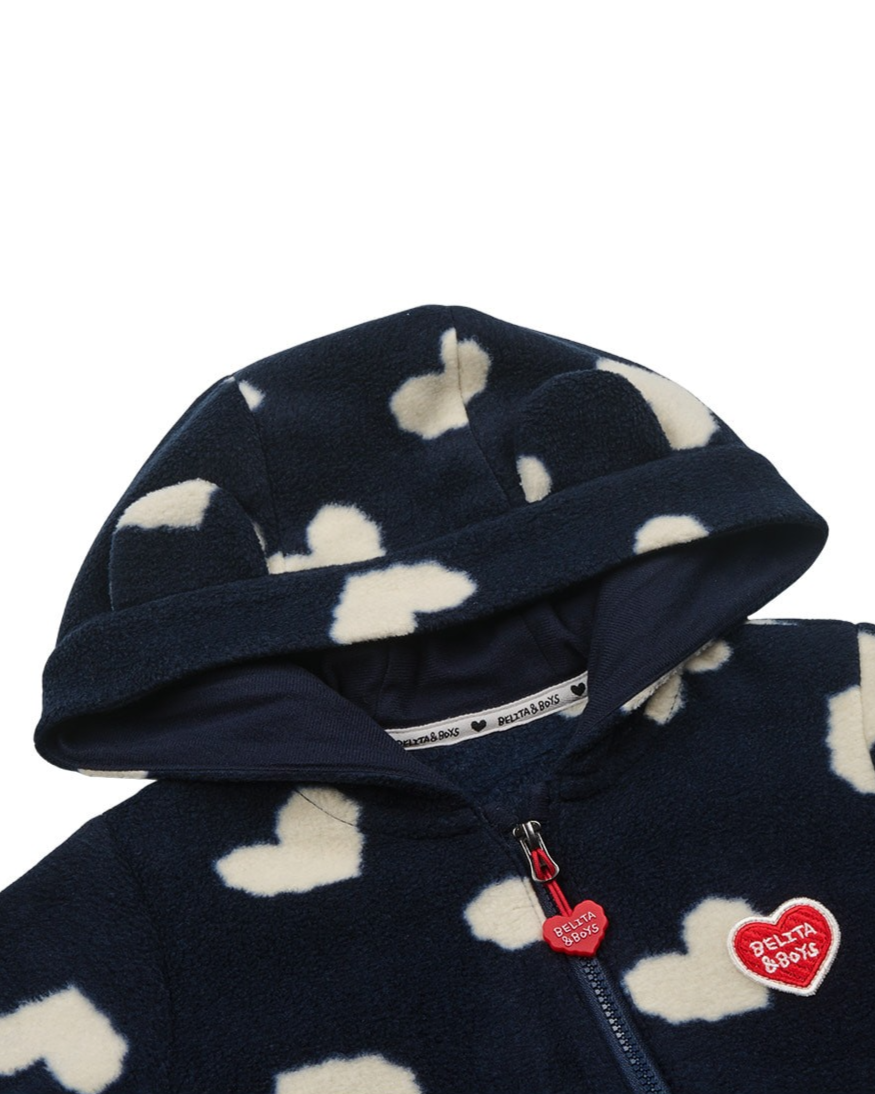 BABY Navy BB Heart Pattern Fleece Hooded Jumpsuit
