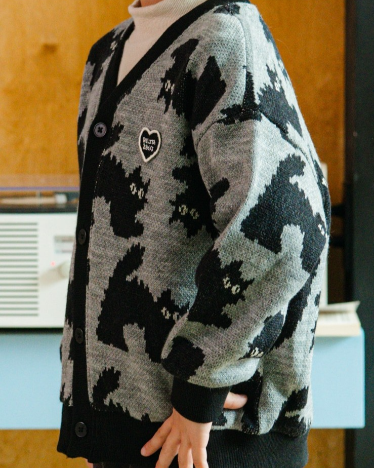 Grey Cat Pattern Knit Cardigan