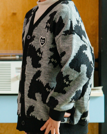 Grey Cat Pattern Knit Cardigan