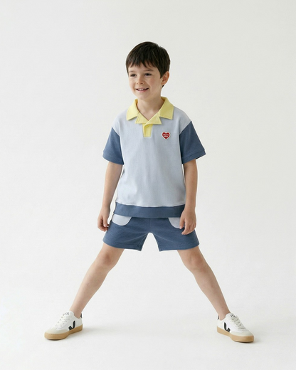 Light Blue BB Heart Color Block Waffle Collar Shirt