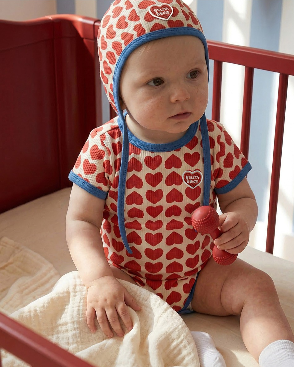 BABY Red BB Heart Pattern Bonnet