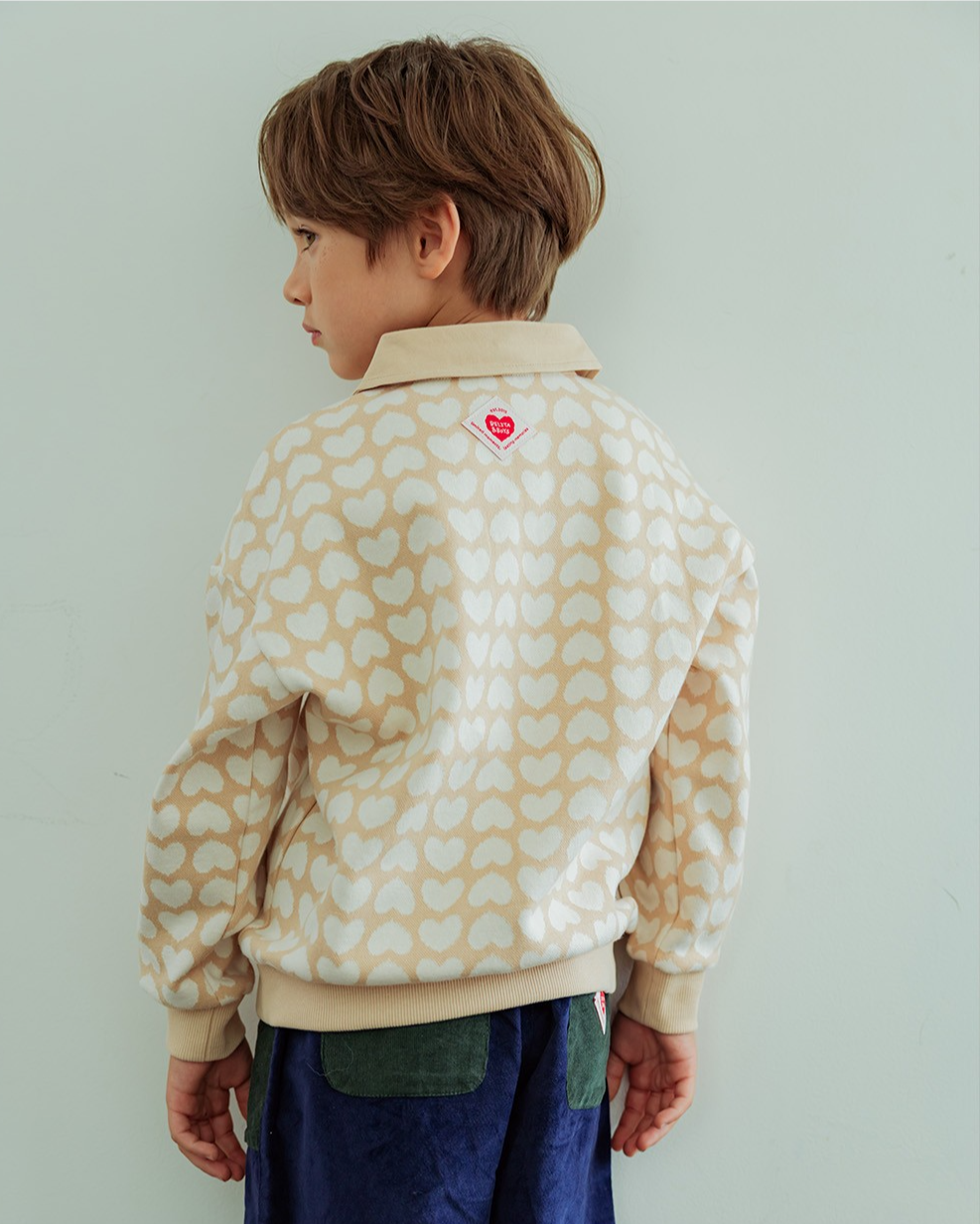 Beige Grid BB Heart Pattern Collar Knit Sweater