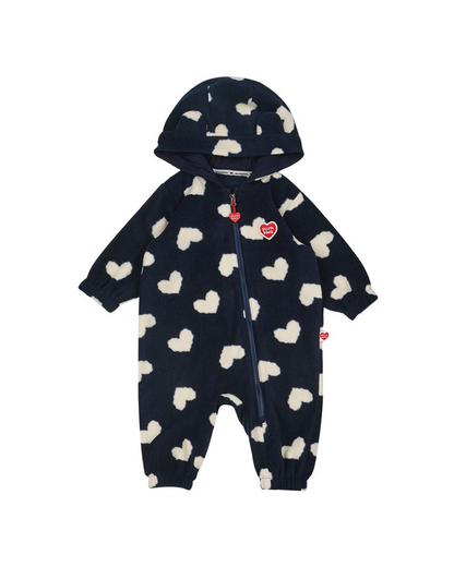 BABY Navy BB Heart Pattern Fleece Hooded Jumpsuit