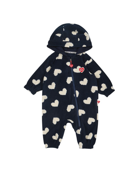 BABY Navy BB Heart Pattern Fleece Hooded Jumpsuit