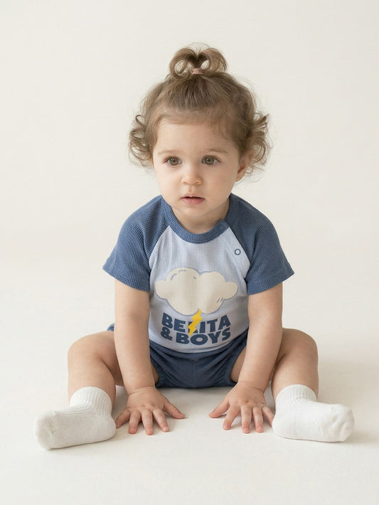 [BABY SET] Light Blue Cloud Color Block Waffle Shorts