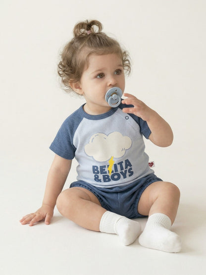 [BABY SET] Light Blue Cloud Color Block Waffle Shorts