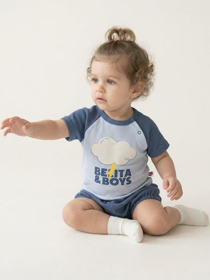 [BABY SET] Light Blue Cloud Color Block Waffle Shorts