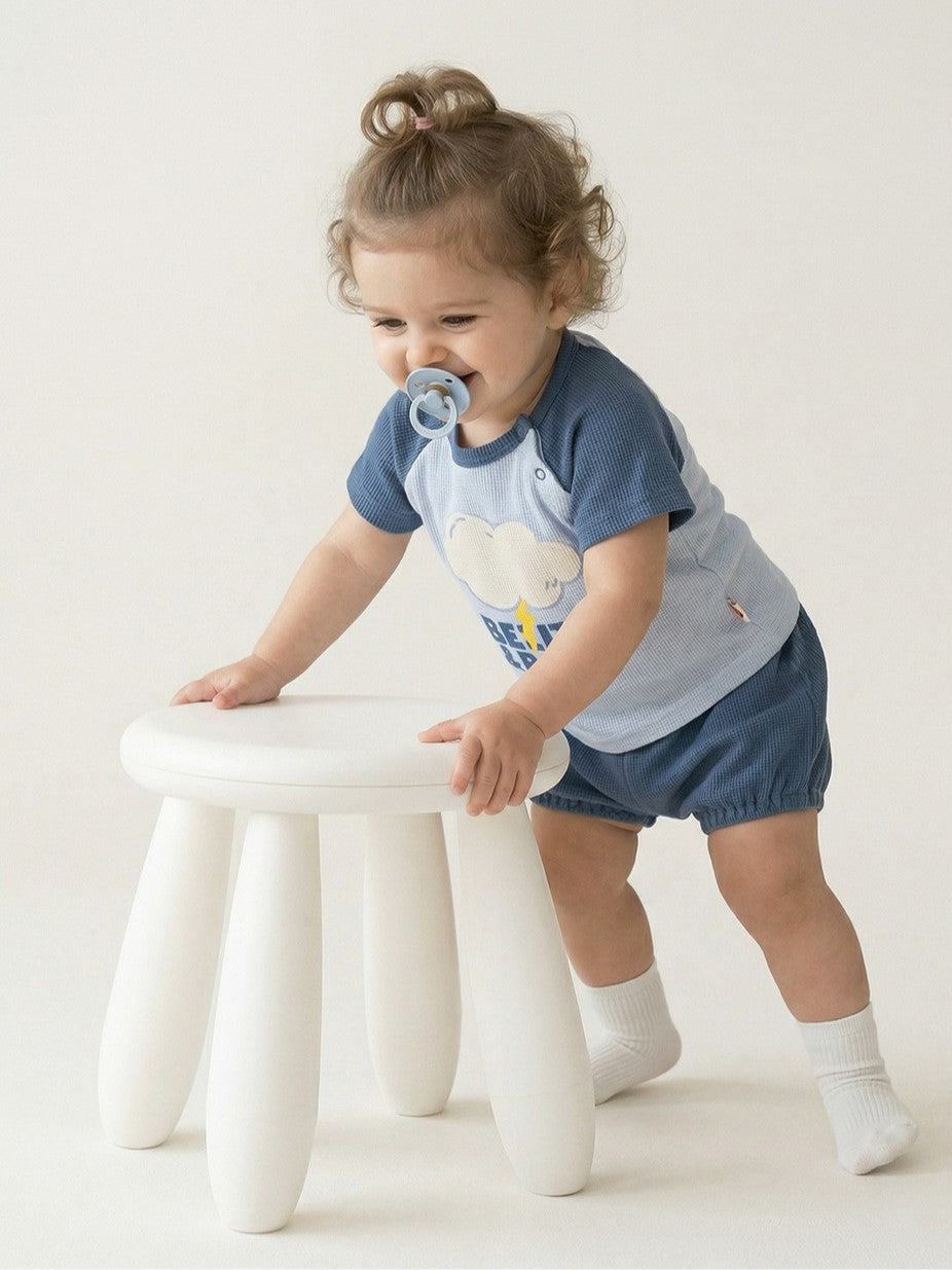 [BABY SET] Light Blue Cloud Color Block Waffle Shorts