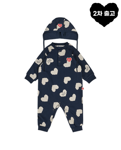[BABY SET] Navy BB Heart Pattern Jumpsuit & Bonnet