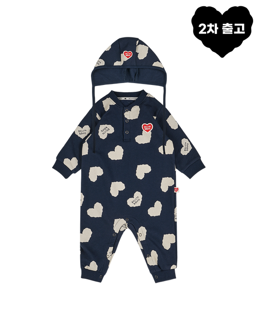 [BABY SET] Navy BB Heart Pattern Jumpsuit & Bonnet
