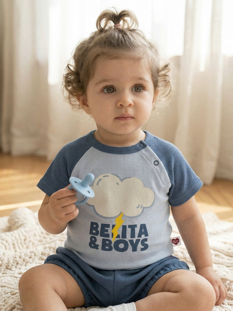 [BABY SET] Light Blue Cloud Color Block Waffle Shorts