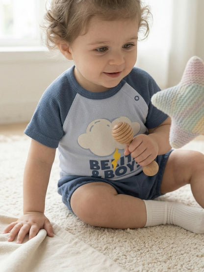 [BABY SET] Light Blue Cloud Color Block Waffle Shorts
